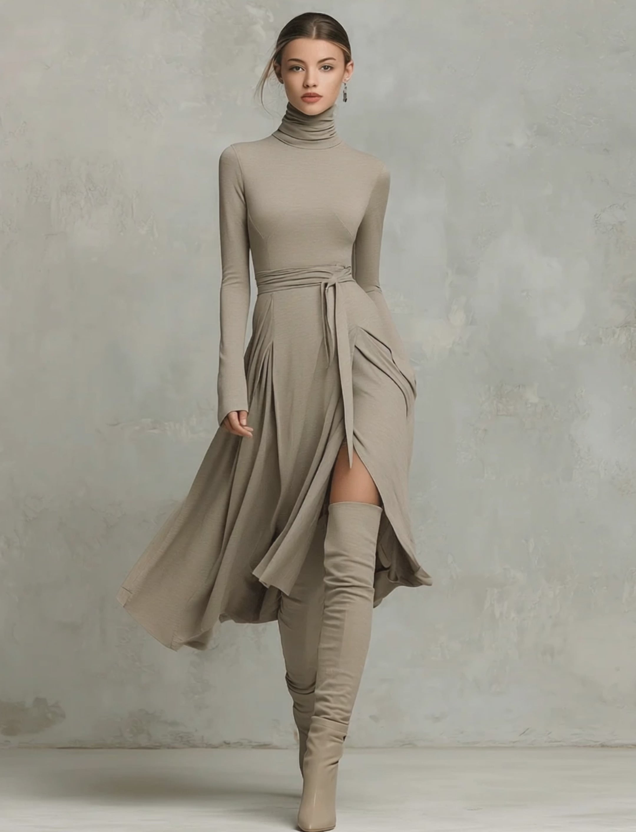 Women’s Elegant Figure-flattering Long Sleeves Knit Blend Midi Dress MDA2446G6I